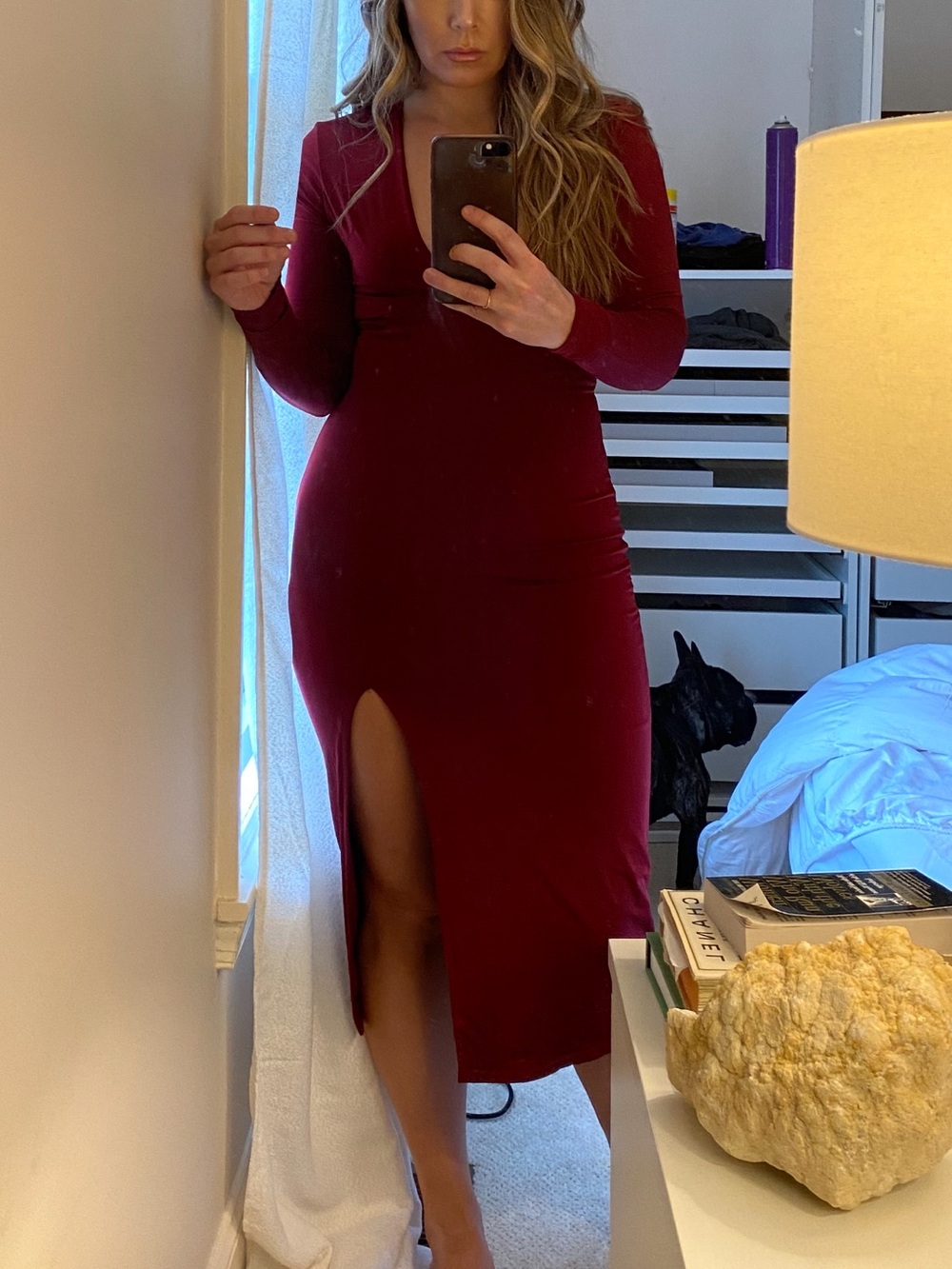 Long Sleeve V-Neck Burgundy Maxi Dress with Front Slit